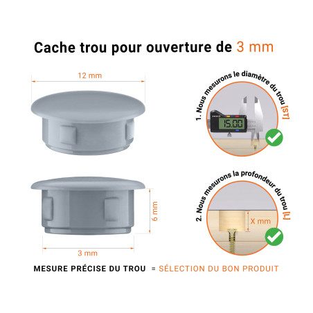 Bouchon obturateur en plastique gris pour trou de 3 mm tableau des dimensions techniques et guide pour une mesure correcte