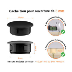 Bouchon obturateur en plastique noir pour trou de 3 mm tableau des dimensions techniques et guide pour une mesure correcte