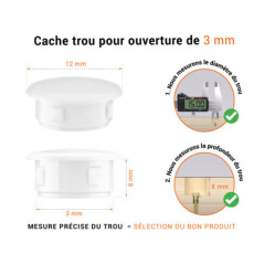 Bouchon obturateur en plastique blanc pour trou de 3 mm tableau des dimensions techniques et guide pour une mesure correcte