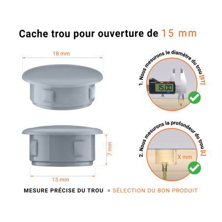 Bouchon obturateur en plastique gris pour trou de 15 mm tableau des dimensions techniques et guide pour une mesure correcte