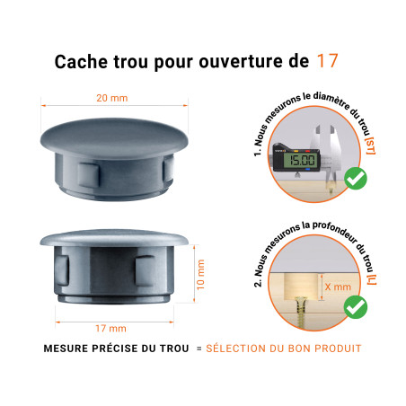 Bouchon obturateur en plastique anthracite pour trou de 17 mm tableau des dimensions techniques et guide pour une mesure correcte
