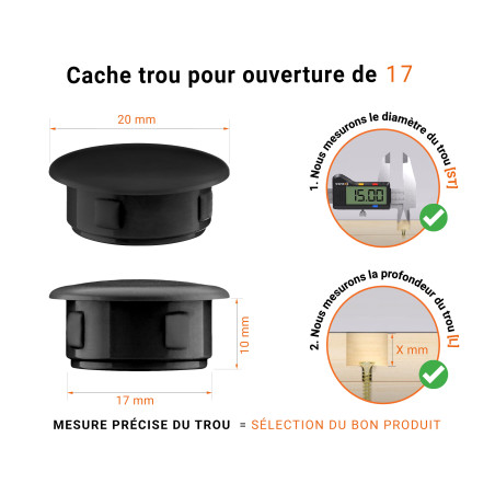 Bouchon obturateur en plastique noir pour trou de 17 mm tableau des dimensions techniques et guide pour une mesure correcte