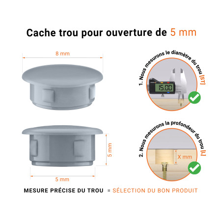 Bouchon obturateur en plastique gris pour trou de 5 mm tableau des dimensions techniques et guide pour une mesure correcte