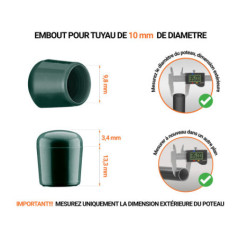 Embout vert de diamètre extérieur 10 mm pour tube rond avec dimensions et guide de mesure correcte du bouchon plastique.