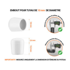 Embout blanc_x001f_ de diamètre extérieur 10 mm pour tube rond avec dimensions et guide de mesure correcte du bouchon plastique.