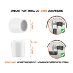 Embout blanc_x001f_ de diamètre extérieur 12 mm pour tube rond avec dimensions et guide de mesure correcte du bouchon plastique.