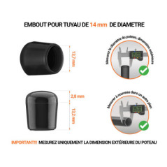 Embout noir de diamètre extérieur 14 mm pour tube rond avec dimensions et guide de mesure correcte du bouchon plastique.