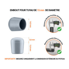 Embout gris de diamètre extérieur 15 mm pour tube rond avec dimensions et guide de mesure correcte du bouchon plastique.