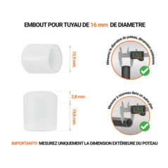 Embout gris de diamètre extérieur 16 mm pour tube rond avec dimensions et guide de mesure correcte du bouchon plastique.