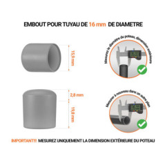 Embout noir de diamètre extérieur 16 mm pour tube rond avec dimensions et guide de mesure correcte du bouchon plastique.