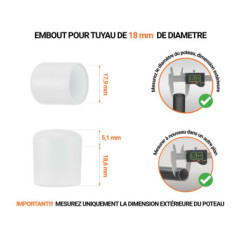 Embout noir de diamètre extérieur 19 mm pour tube rond avec dimensions et guide de mesure correcte du bouchon plastique.