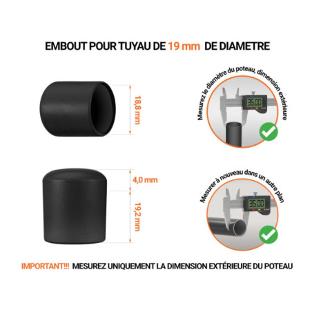 Capuchon pour tube rond 19 mm Blanc Embout blanc_x001f_ de diamètre extérieur 19 mm pour tube rond avec dimensions et guide de mesure correcte du bouchon plastique.