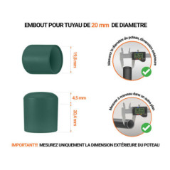 Embout gris de diamètre extérieur 20 mm pour tube rond avec dimensions et guide de mesure correcte du bouchon plastique.