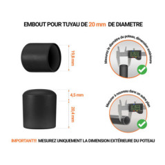 Embout blanc_x001f_ de diamètre extérieur 20 mm pour tube rond avec dimensions et guide de mesure correcte du bouchon plastique.