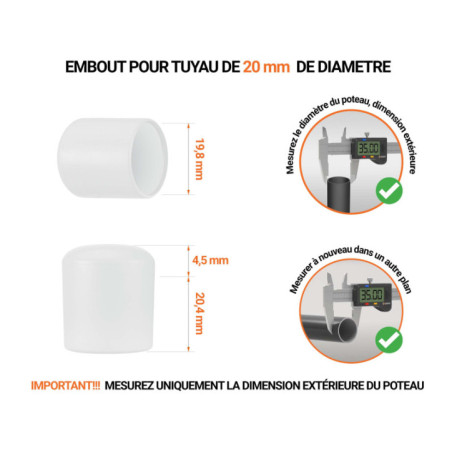 Embout gris de diamètre extérieur 21 mm pour tube rond avec dimensions et guide de mesure correcte du bouchon plastique.