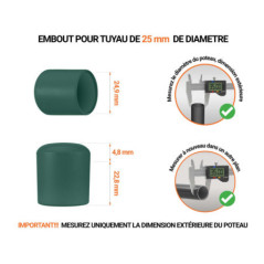 Embout gris de diamètre extérieur 25 mm pour tube rond avec dimensions et guide de mesure correcte du bouchon plastique.