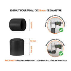 Embout blanc_x001f_ de diamètre extérieur 25 mm pour tube rond avec dimensions et guide de mesure correcte du bouchon plastique.