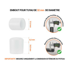 Embout vert de diamètre extérieur 33,4 mm pour tube rond avec dimensions et guide de mesure correcte du bouchon plastique.