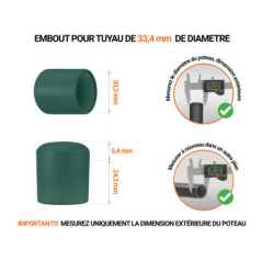 Embout noir de diamètre extérieur 33,4 mm pour tube rond avec dimensions et guide de mesure correcte du bouchon plastique.