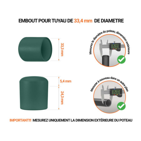 Kappen für Rundrohre 33,4 mm Schwarz Embout noir de diamètre extérieur 33,4 mm pour tube rond avec dimensions et guide de mesure correcte du bouchon plastique.