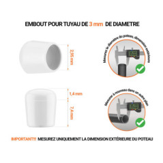 Embout blanc_x001f_ de diamètre extérieur 3 mm pour tube rond avec dimensions et guide de mesure correcte du bouchon plastique.