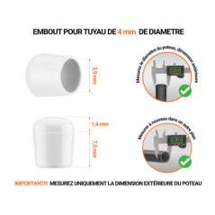 Embout blanc_x001f_ de diamètre extérieur 4 mm pour tube rond avec dimensions et guide de mesure correcte du bouchon plastique.