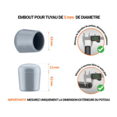 Embout gris de diamètre extérieur 5 mm pour tube rond avec dimensions et guide de mesure correcte du bouchon plastique.