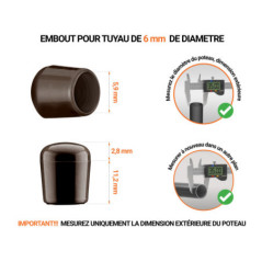 Embout marron de diamètre extérieur 6 mm pour tube rond avec dimensions et guide de mesure correcte du bouchon plastique.