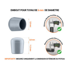 Embout gris de diamètre extérieur 6 mm pour tube rond avec dimensions et guide de mesure correcte du bouchon plastique.