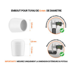 Embout blanc_x001f_ de diamètre extérieur 6 mm pour tube rond avec dimensions et guide de mesure correcte du bouchon plastique.