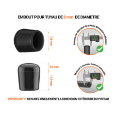 Embout noir de diamètre extérieur PVC 8 mm pour tube rond avec dimensions et guide de mesure correcte du bouchon plastique.