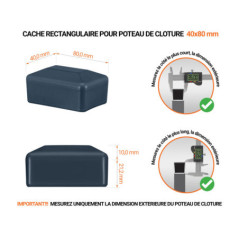 Capuchons pour poteaux rectangulaires de couleur anthracite. Embout plastique pour des dimensions de poteaux de 40x80 mm avec dimensions et guide de mesure correcte du capuchon.