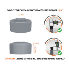 Capuchons pour poteaux ronds de couleur gris. Embout plastique pour des dimensions de poteaux de 1 1/4" avec dimensions et guide de mesure correcte du capuchon.