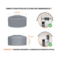 Capuchons pour poteaux ronds de couleur gris. Embout plastique pour des dimensions de poteaux de 2" avec dimensions et guide de mesure correcte du capuchon.