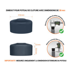 Capuchons pour poteaux ronds de couleur anthracite. Embout plastique pour des dimensions de poteaux de 38 mm avec dimensions et guide de mesure correcte du capuchon.