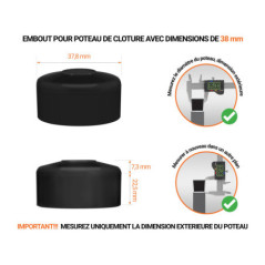 Capuchons pour poteaux ronds de couleur noir. Embout plastique pour des dimensions de poteaux de 38 mm avec dimensions et guide de mesure correcte du capuchon.