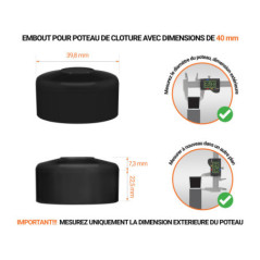 Capuchons pour poteaux ronds de couleur noir. Embout plastique pour des dimensions de poteaux de 40 mm avec dimensions et guide de mesure correcte du capuchon.