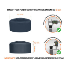 Capuchons pour poteaux ronds de couleur anthracite. Embout plastique pour des dimensions de poteaux de 42 mm avec dimensions et guide de mesure correcte du capuchon.