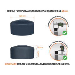 Capuchons pour poteaux ronds de couleur anthracite. Embout plastique pour des dimensions de poteaux de 51 mm avec dimensions et guide de mesure correcte du capuchon.