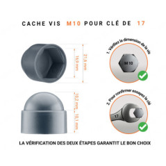 Cache écrou M10 et clé de 17 en couleur anthracite avec dimensions et guide de mesure correcte du cache vis plastique.