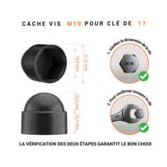 Cache écrou M10 et clé de 17 en couleur noir avec dimensions et guide de mesure correcte du cache vis plastique.