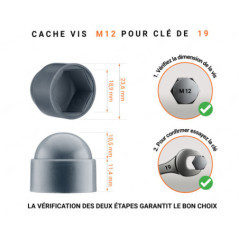 Cache écrou M12 et clé de 19 en couleur anthracite avec dimensions et guide de mesure correcte du cache vis plastique.