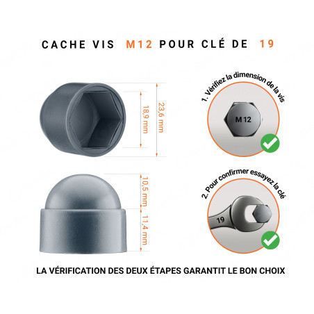 Cache-écrous M12 et clé de 19 en couleur Anthracite 100 pcs Cache écrou M12 et clé de 19 en couleur anthracite avec dimensions et guide de mesure correcte du cache vis plastique.