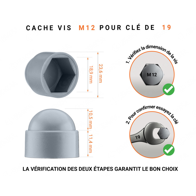 Cache-écrou M12 clé de 19 gris 10 ans de garantie!