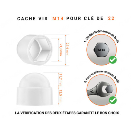 Cache-écrous M14 et clé de 22 en couleur Blanc 10 pcs