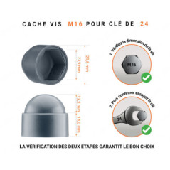 Cache écrou M16 et clé de 24 en couleur anthracite avec dimensions et guide de mesure correcte du cache vis plastique.