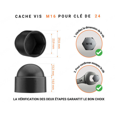 Cache-écrous M16 et clé de 24 en couleur Noir 10 pcs