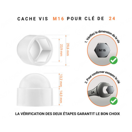 Cache-écrous M16 et clé de 24 en couleur Blanc 10 pcs