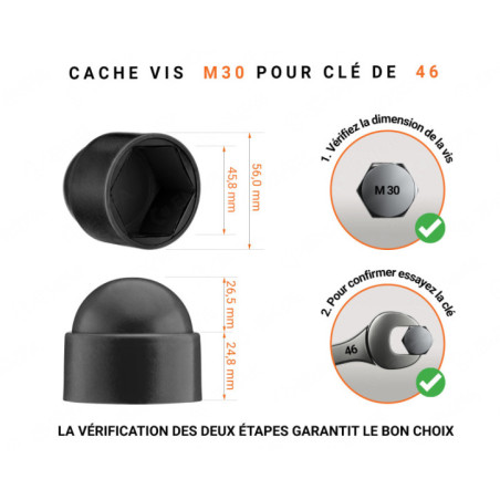 Cache-écrous M30 et clé de 46 en couleur Noir 10 pcs