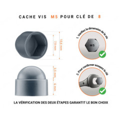 Cache écrou M5 et clé de 8 en couleur anthracite avec dimensions et guide de mesure correcte du cache vis plastique.